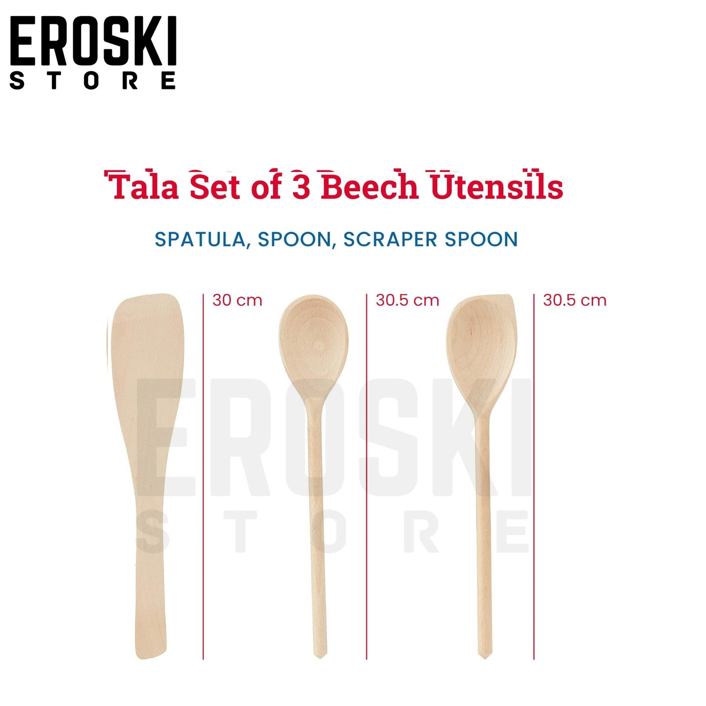 Set of 3 x 12" (300mm) Beech wood Wooden Spoon with Corner